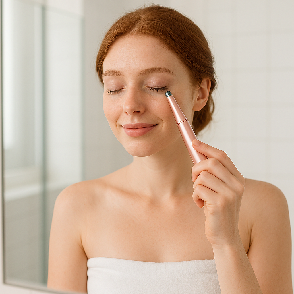 Femme utilisant un masseur de contour des yeux acheté sur le site VeloriaWell
