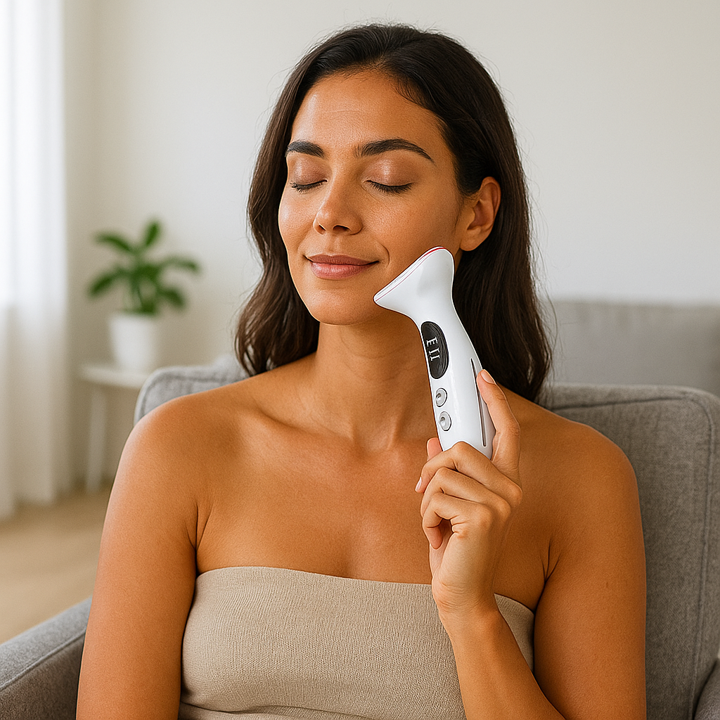 Femme utilisant un nettoyeur ultrasonique sans fil acheté sur le site VeloriaWell
