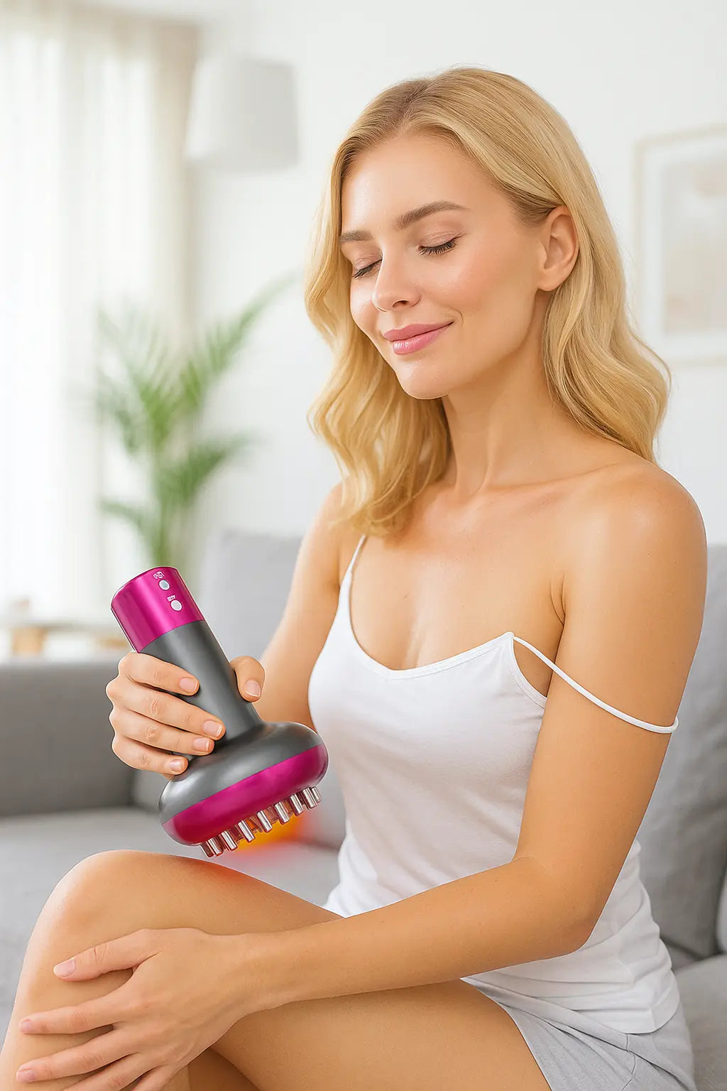 Femme utilisant une ventouse de massage sans fil acheté sur le site VeloriaWell
