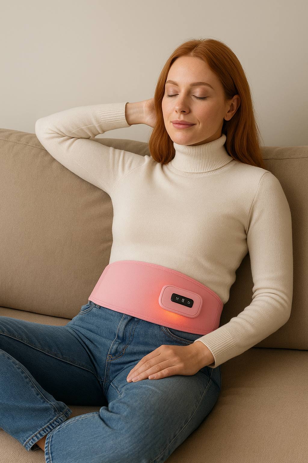 Femme utilisant une ceinture coussin chauffant sans fil acheté sur le site VeloriaWell
