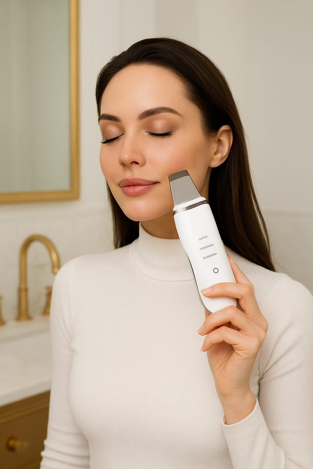 Femme utilisant une épurateur de peau à ultrason sans fil acheté sur le site VeloriaWell
